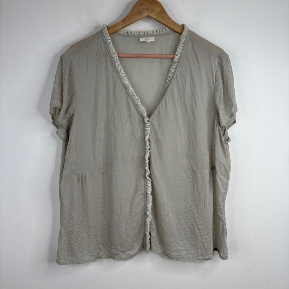 J Jill Blouse XL Short Sleeve Button Velvet Trim Sage Green Fairy Boho Lagenlook - Picture 1 of 9